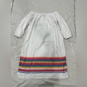 J Crew Linen Midi Dress White Rainbow Stripe Off Shoulder